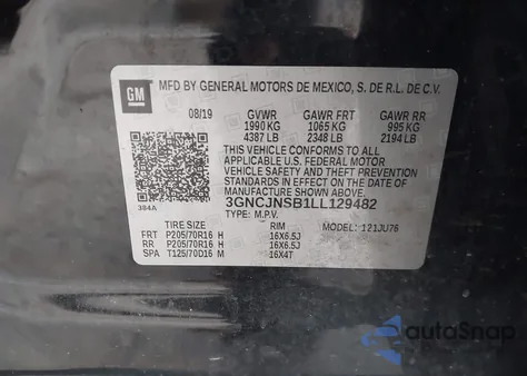 2020 Chevrolet Trax Awd Ls из США, поврежденный, VIN 3GNCJNSB1LL129482